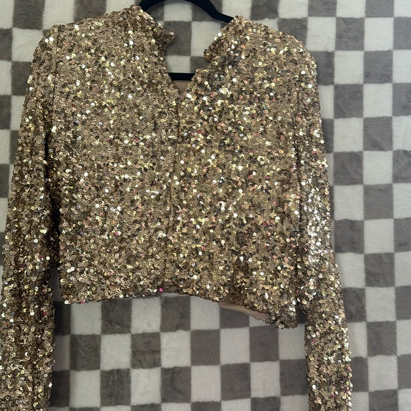 Aqua Tops - AQUA large sparkly gold rhinestone long sleeve tee/ jacket